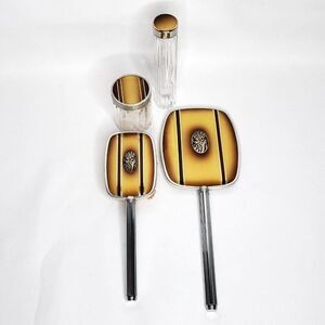 Art Decor Floral Hand Held Mirror Hair Brush Jars Containers Brown Silvertone